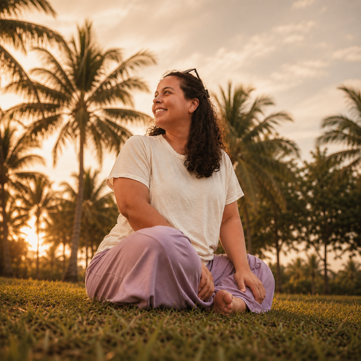 Jarelis, founder of La Tierra Sanctuary, seated beneath palm trees at golden hour.